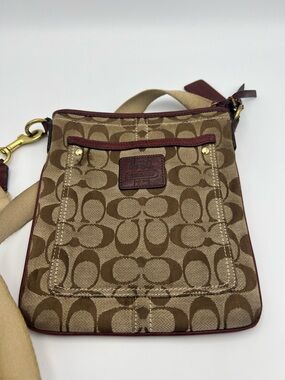 Coach Brown Signature Canvas Crossbody with Burgundy Trim